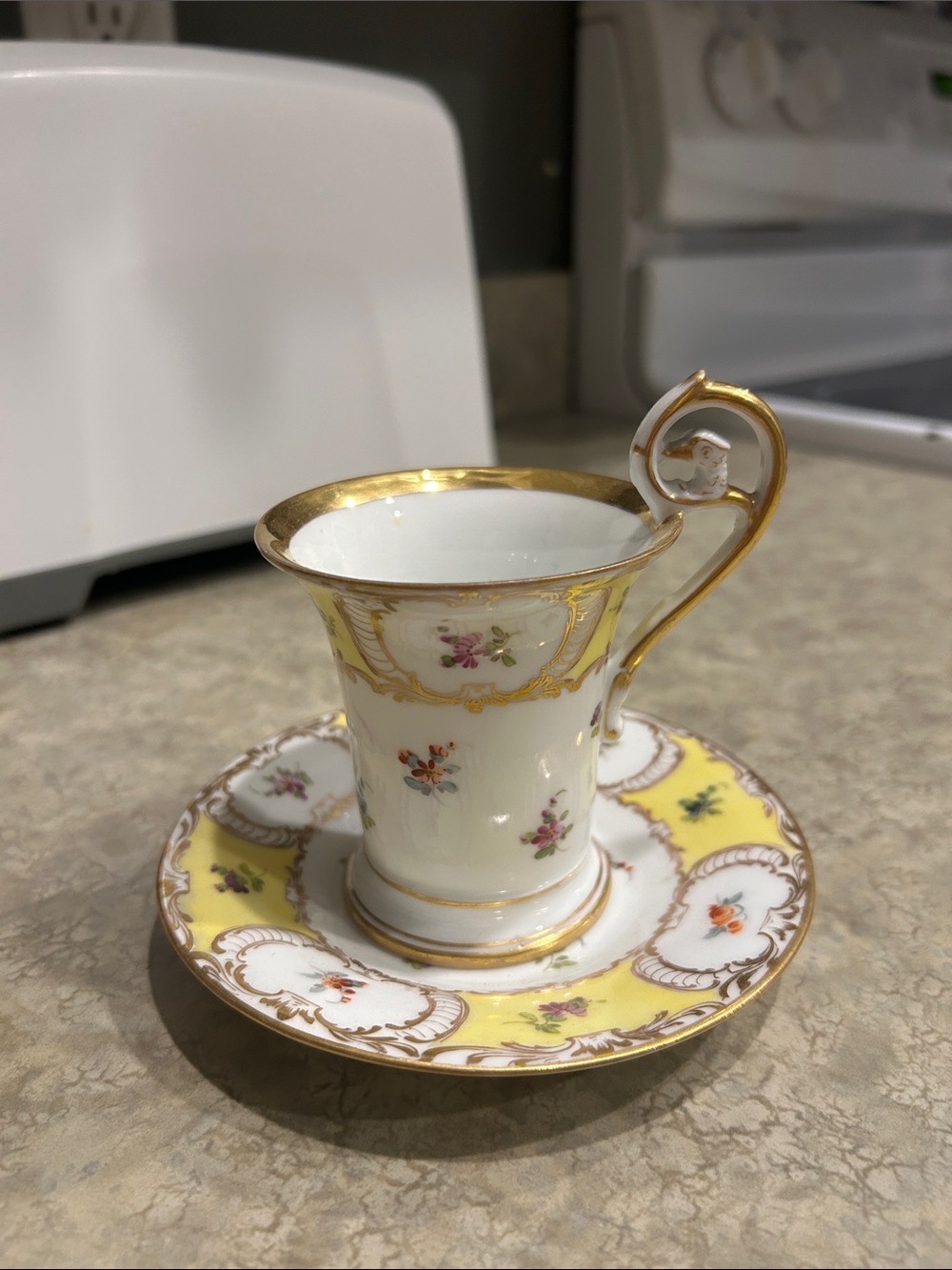 Dresden Porcelain Germany Yellow and Gold Accent Demitasse Cup and Saucer